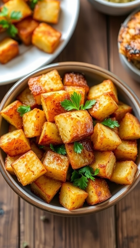 Crispy Air Fryer Potatoes for Dinner Crispy air fryer potatoes in a bowl, garnished with parsley, on a rustic wooden table.